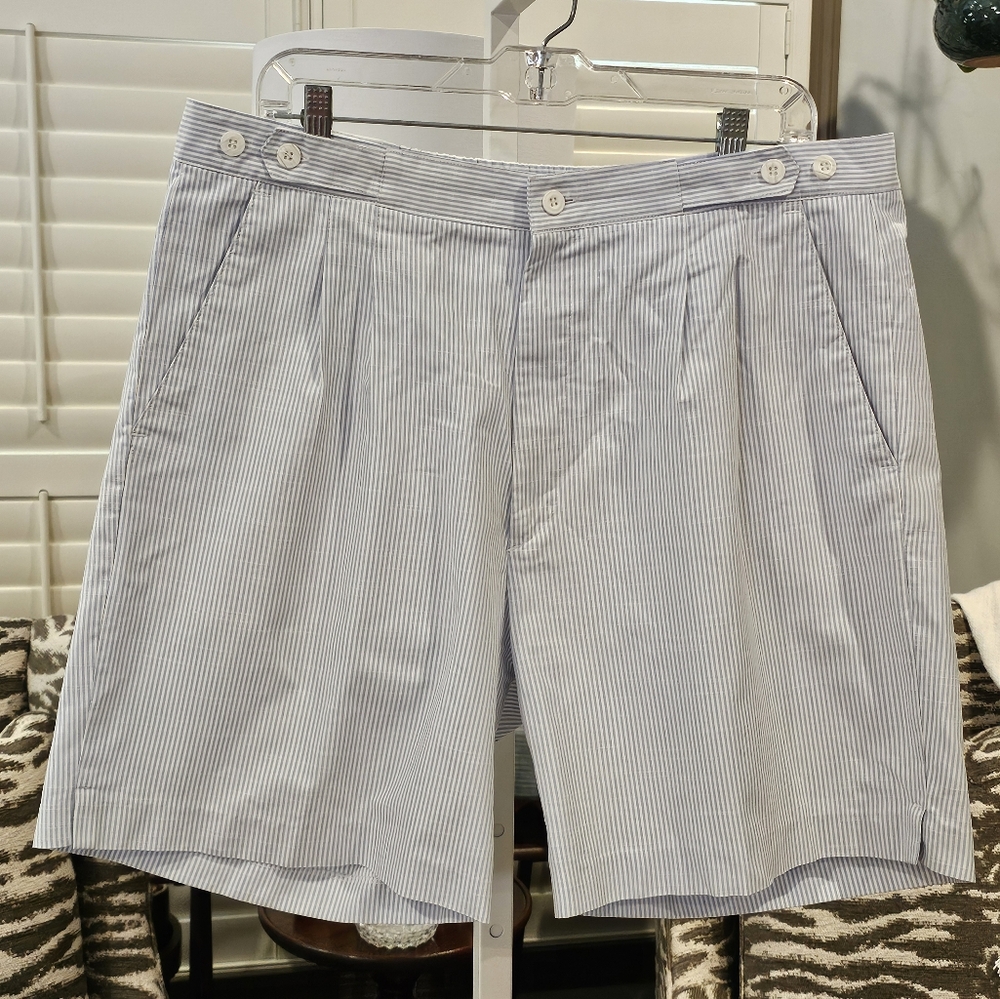1980s Jantzen International Blue and White Pinstripe Shorts Pleated 38x7